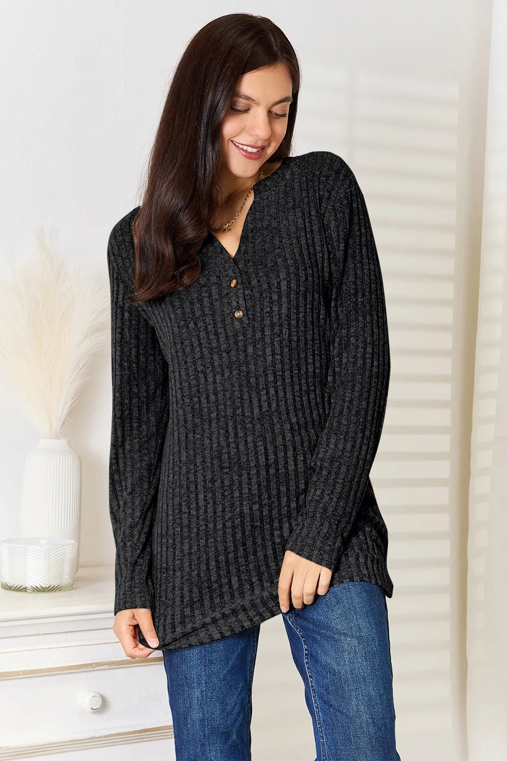 Long Sleeve Notched Neck Ribbed Topax