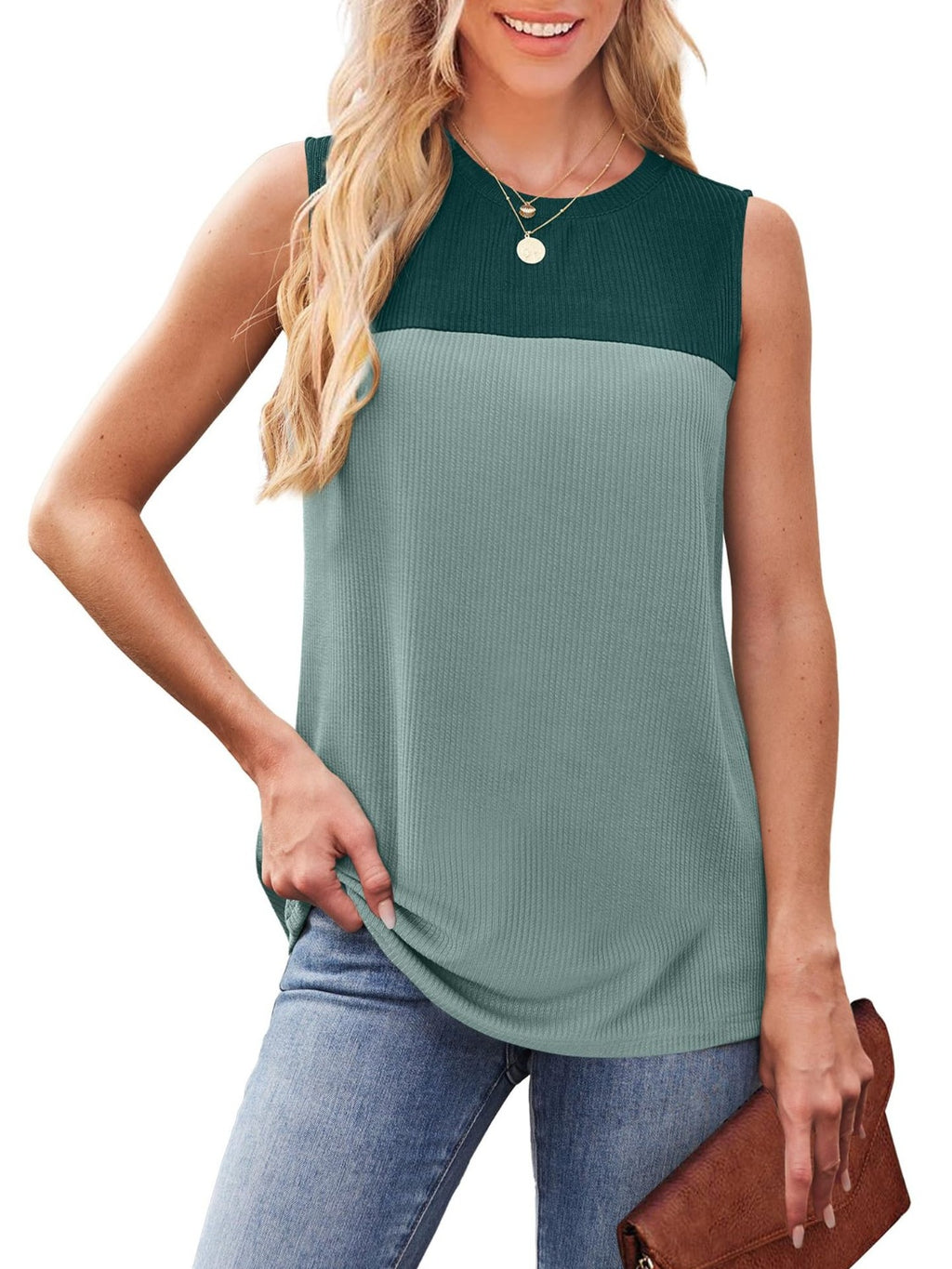 Sleeveless Color Block Round Neck Top