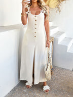 Sleeveless Button Front Knotted Strap Wide Leg Jumpsuit