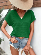 Short Sleeve Textured Solid Color V-Neck Top