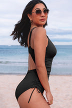  Adjustable Straps Ribbed Knit One Piece Swimsuit
