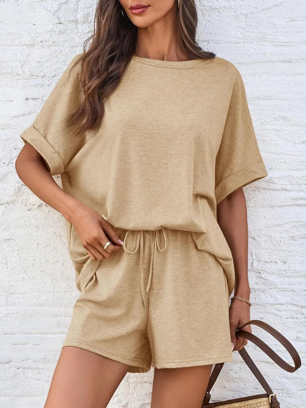 Short Sleeve Round Neck Drawstring Shorts Set