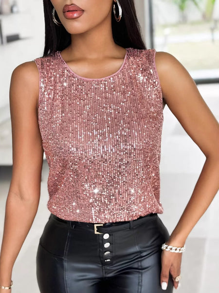 Sleeveless Sequin Round Neck Tank Top