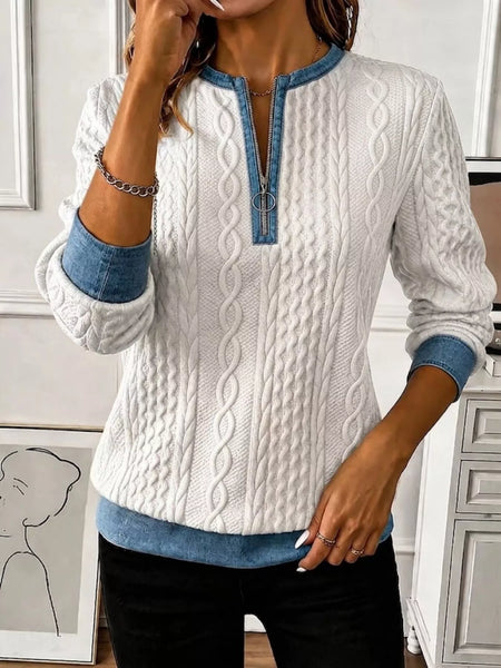 Denim Contrast Trim Quarter Zipper Sweatshirt