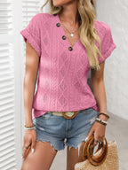 Short Sleeve Button Detail V-Neck Top