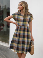 Cap Sleeve Plaid Round Neck Dress