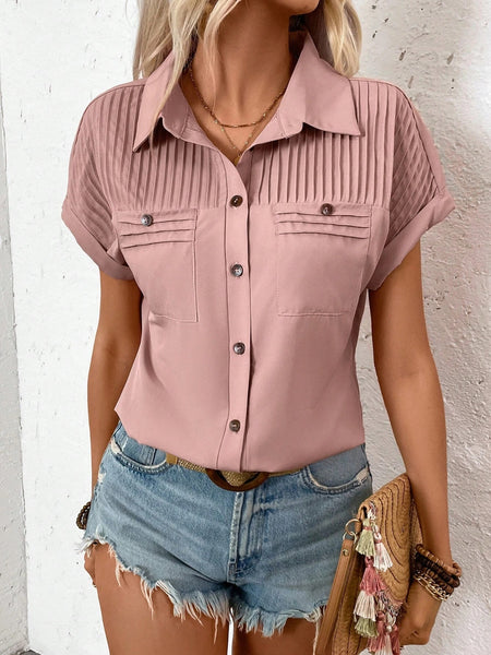 Short Sleeve Pleated Detail Collared Neck Shirt