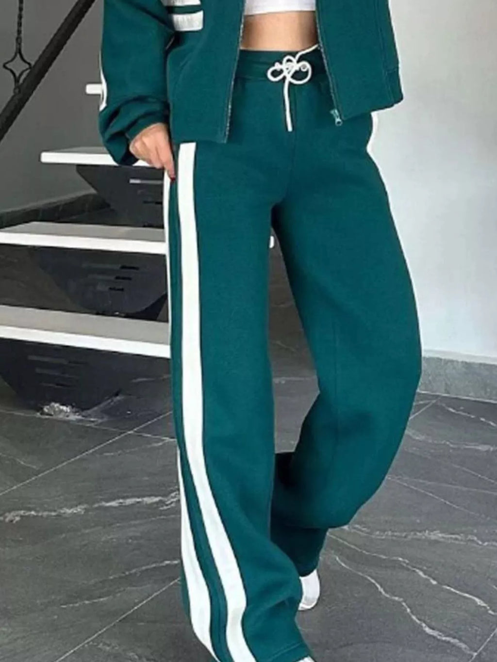 Women Striped Zip Up Outerwear And Pants Set