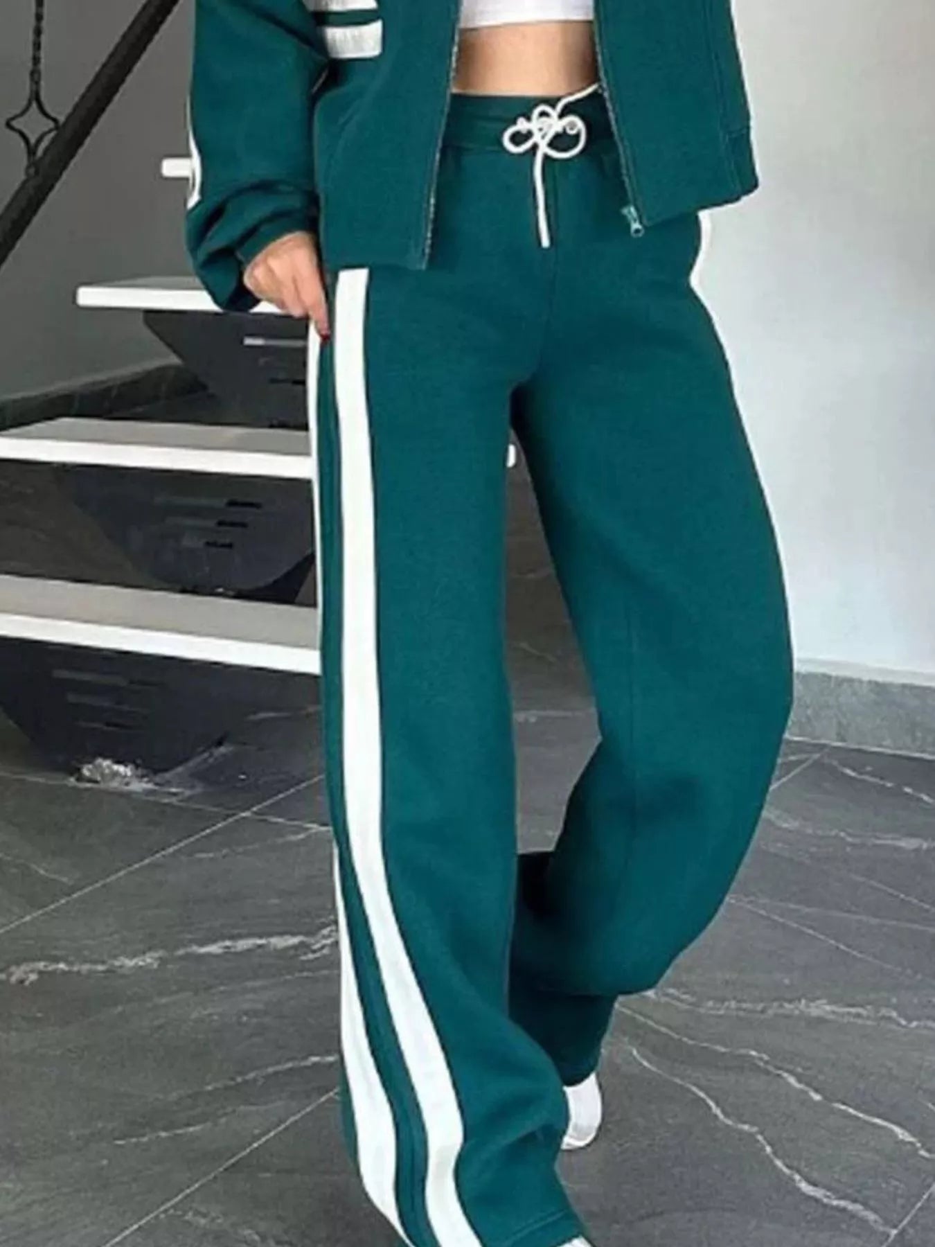 Women Striped Zip Up Outerwear And Pants Set