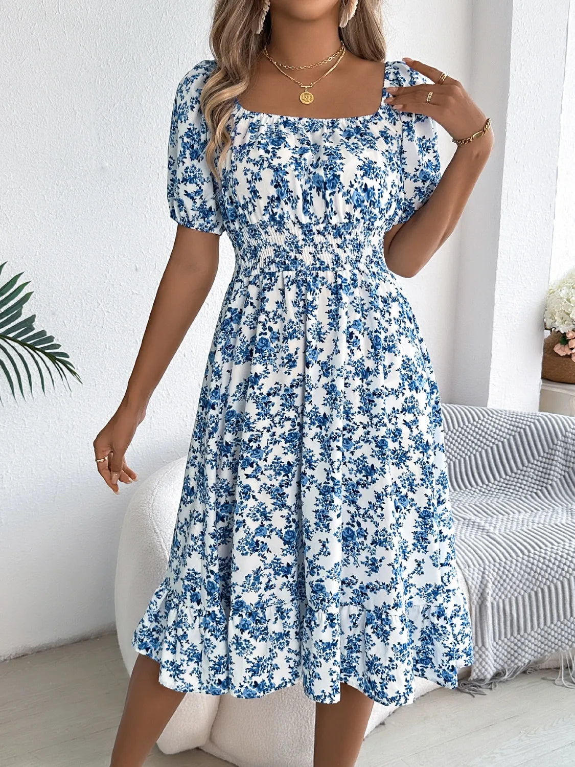 Ruffled Hem Floral Puff Sleeve Dress