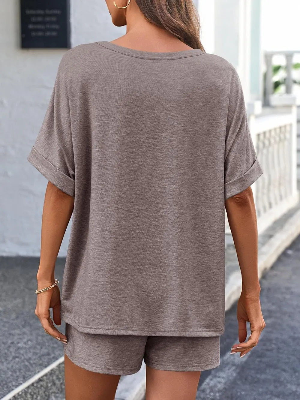 Short Sleeve Round Neck Drawstring Shorts Set