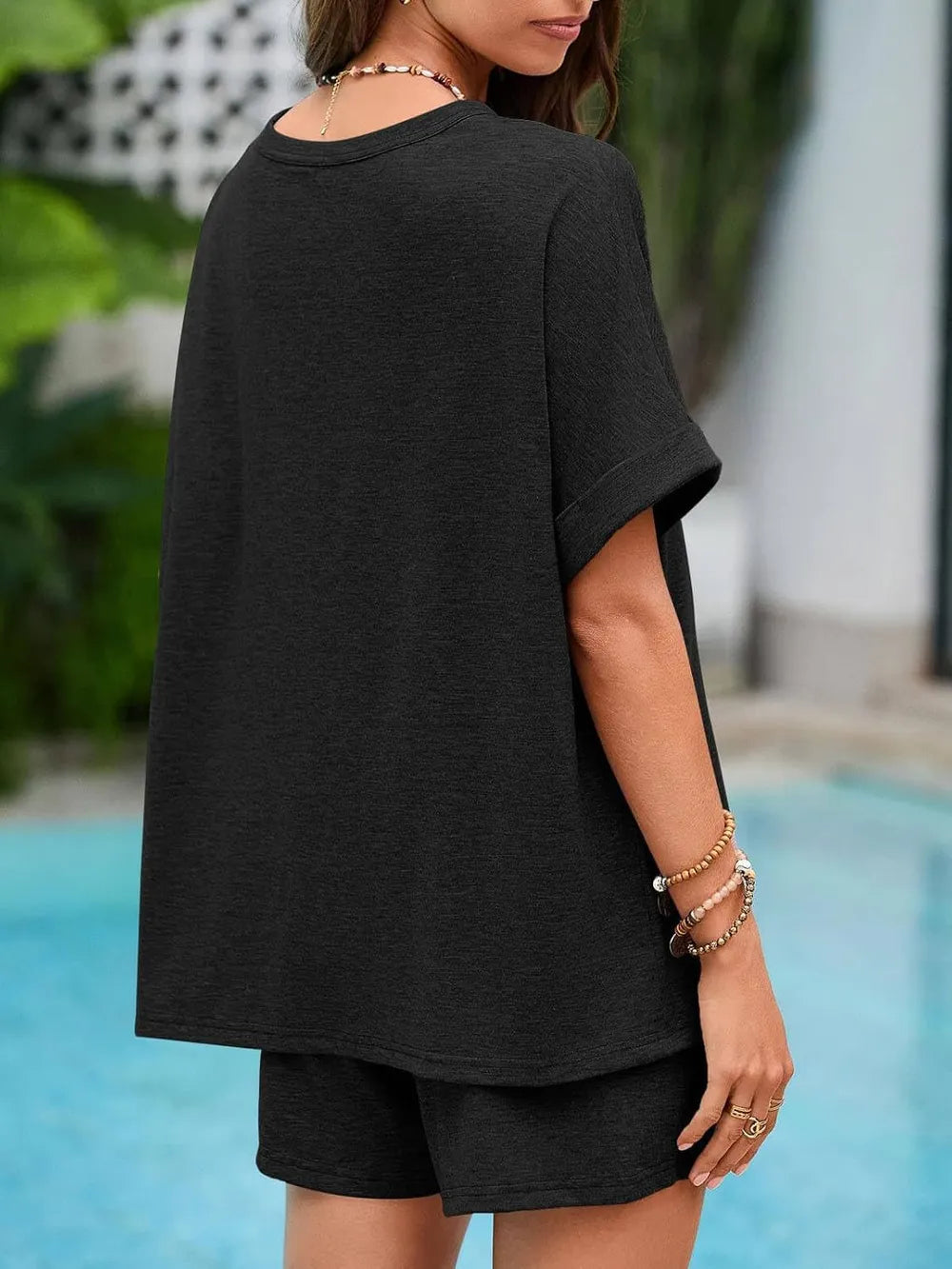 Short Sleeve Round Neck Drawstring Shorts Set