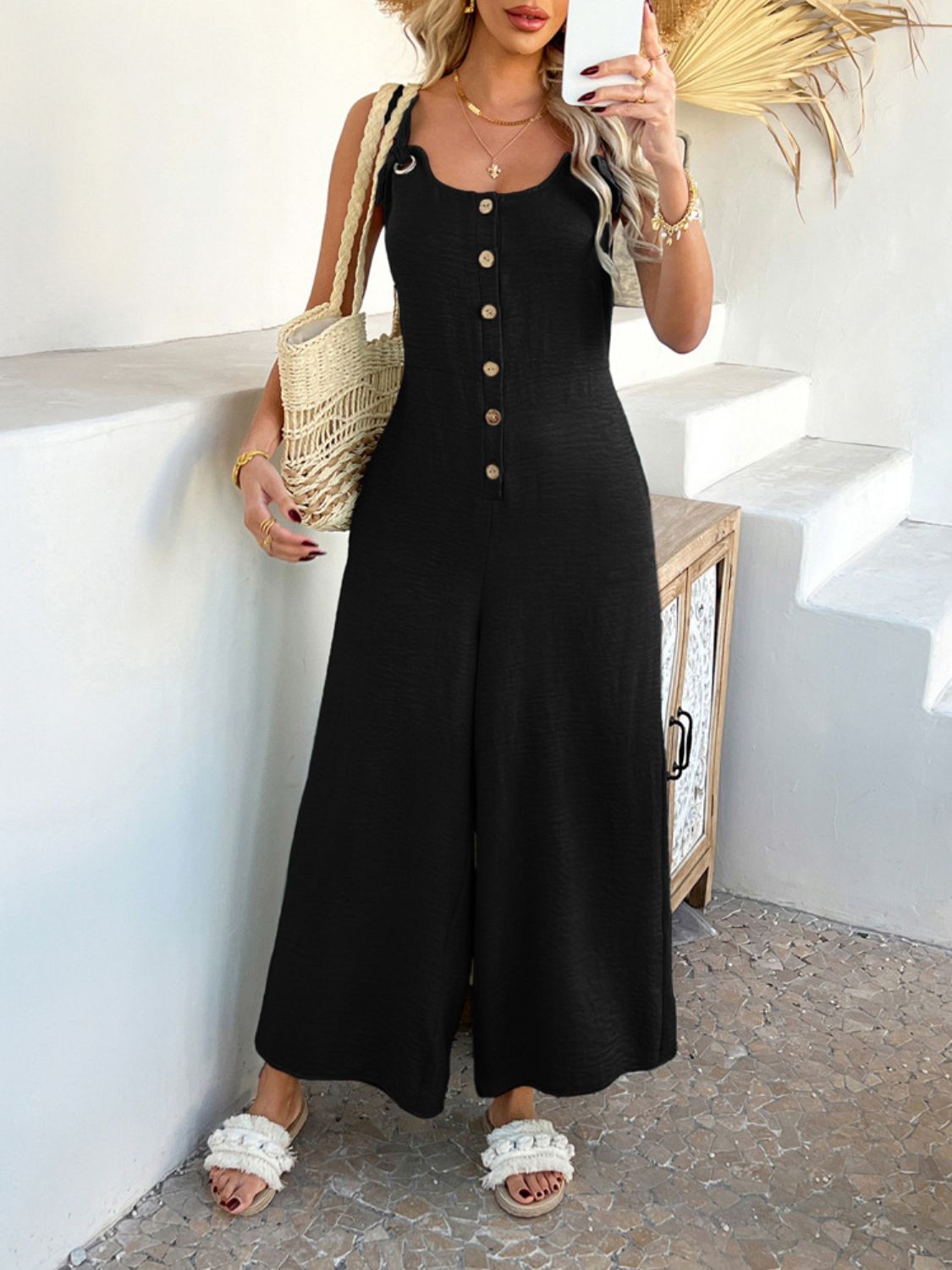 Sleeveless Button Front Knotted Strap Wide Leg Jumpsuit
