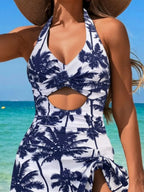 Cutout Printed Halter Neck One-Piece Swimwear