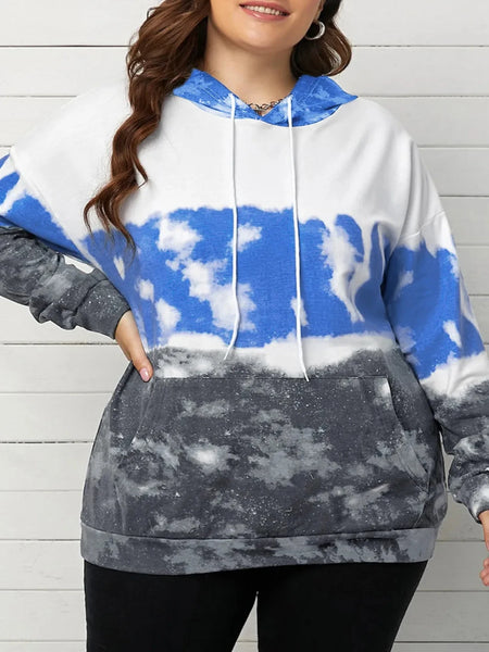 Plus Size Long Sleeve Pullover Colorblock Hoodie