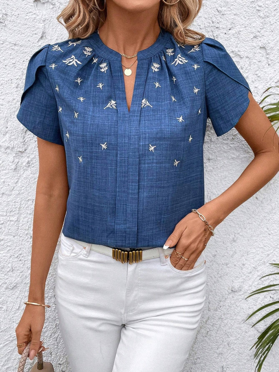 Floral Notched Short Sleeve Blouse