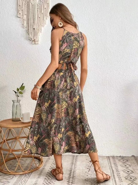 Sleeveless Printed Cami and Slit Skirt Set