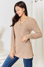 Long Sleeve Notched Neck Ribbed Top