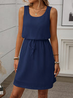 Sleeveless Waffle Knit Drawstring Mini Dress