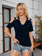 Short Sleeve V-Neck Cold Shoulder Top