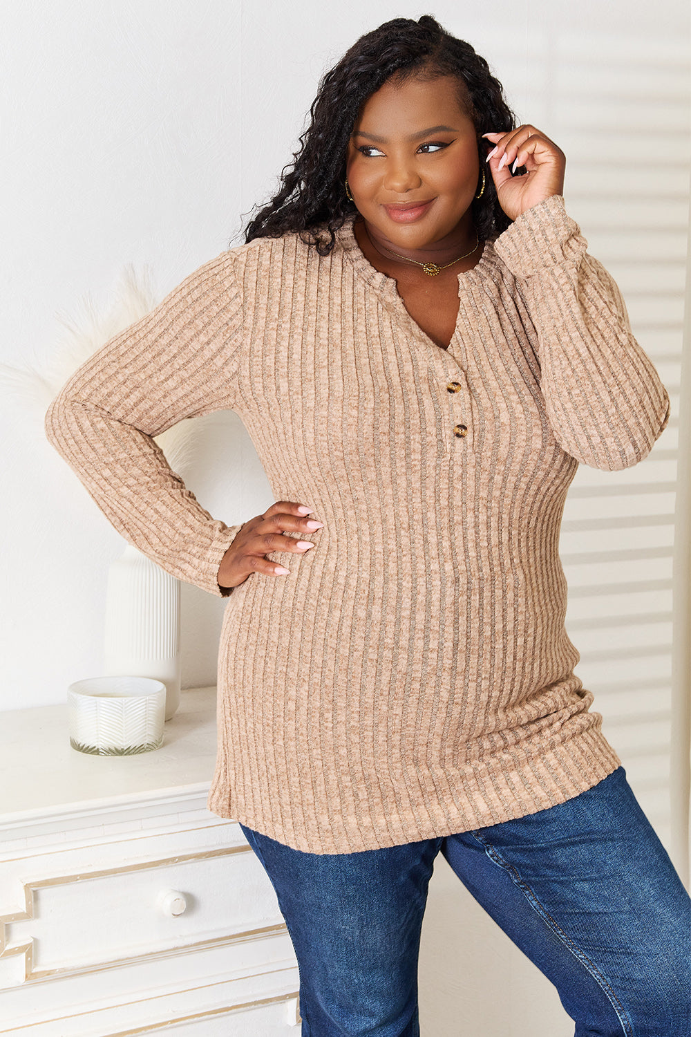 Long Sleeve Notched Neck Ribbed Top