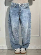 Women's Washed Rhinestone Detail Wide leg Jeans