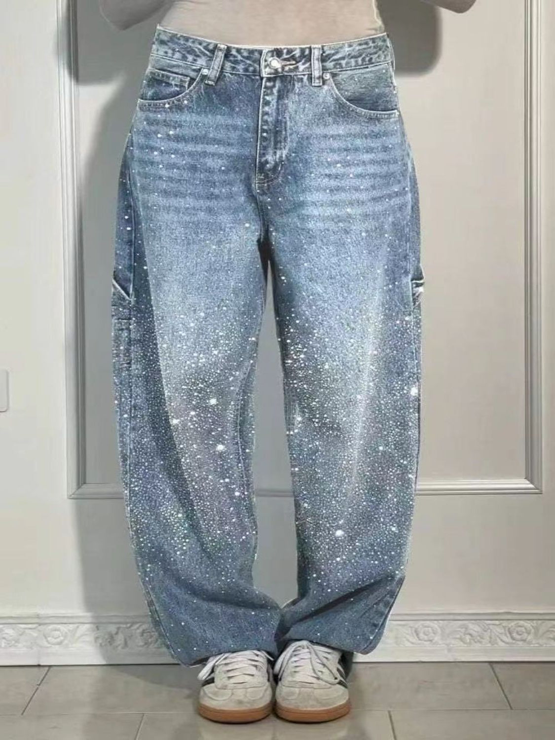 Women's Washed Rhinestone Detail Wide leg Jeans