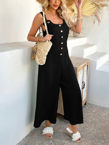 Sleeveless Button Front Knotted Strap Wide Leg Jumpsuit