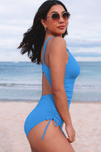 Sky Blue Adjustable Straps Ribbed Knit One Piece Swimsuit