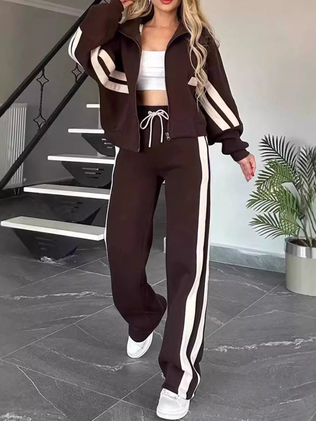 Women Striped Zip Up Outerwear And Pants Set