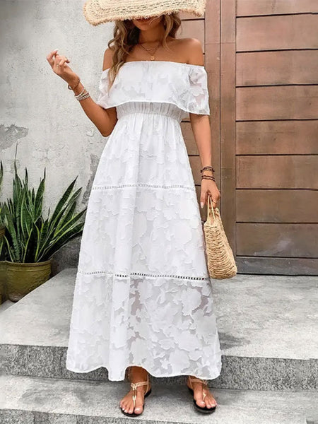 Off Shoulder White Lace Maxi Dress