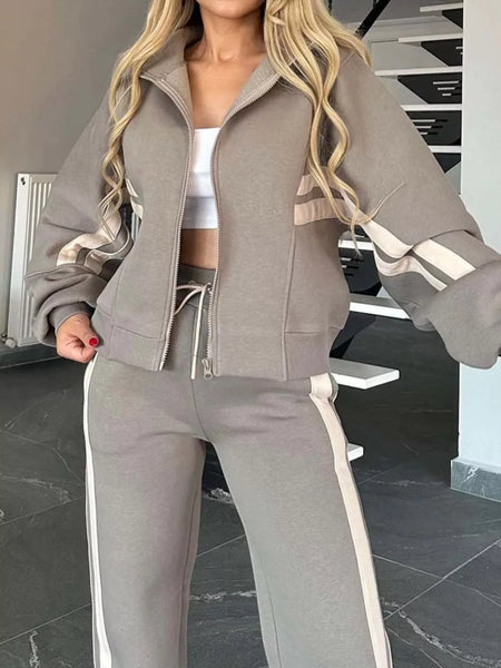 Women Striped Zip Up Outerwear And Pants Set
