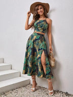 Sleeveless Printed Cami and Slit Skirt Set