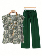 Cap Ruffled Seeve Top and Pants Set
