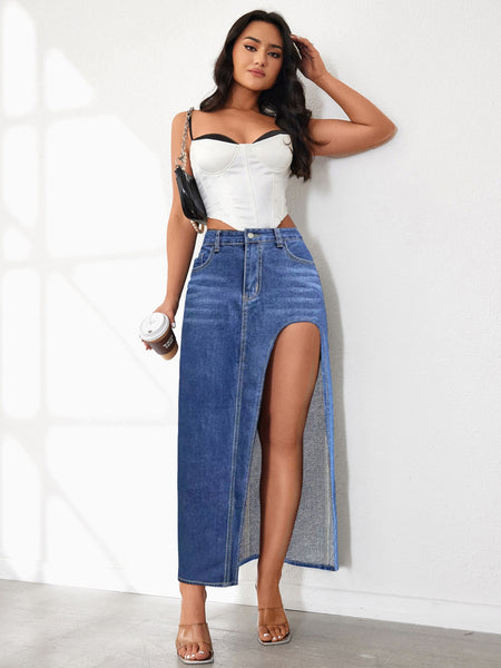 Women's High Rise Slit Denim Skirt