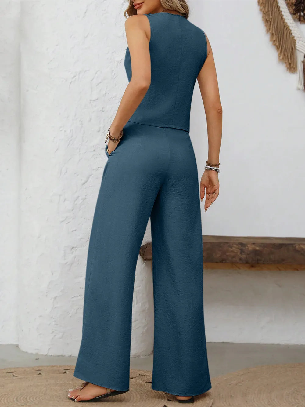 Women's V-Neck Button Down Vest and Wide Leg Pants Set
