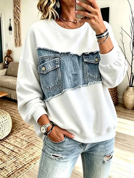 Long Sleeve Denim Patchwork Dropped Shoulder Sweatshirt