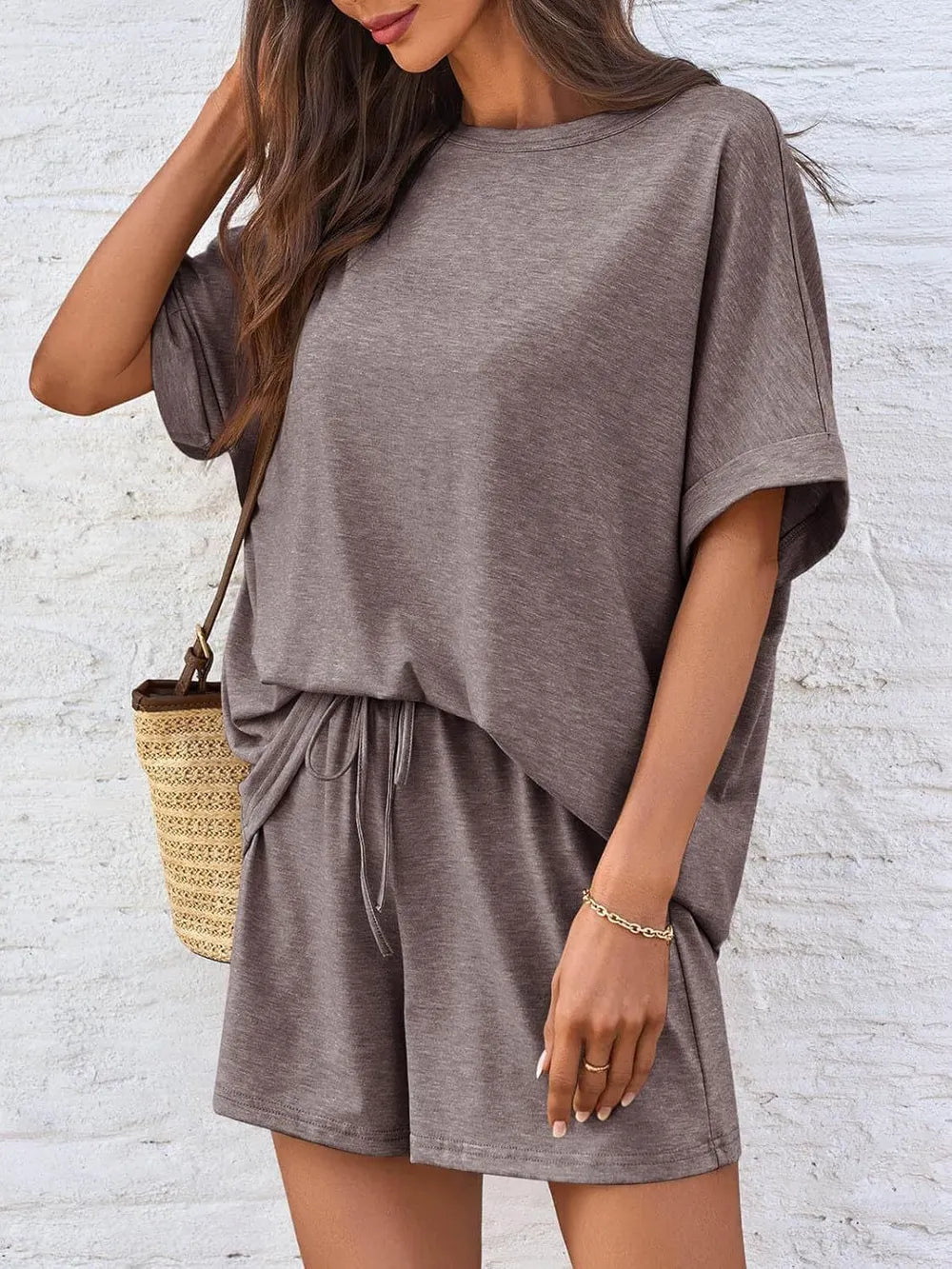 Short Sleeve Round Neck Drawstring Shorts Set