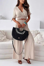 Surplice Short Sleeve V-Nek Top and Pants Set