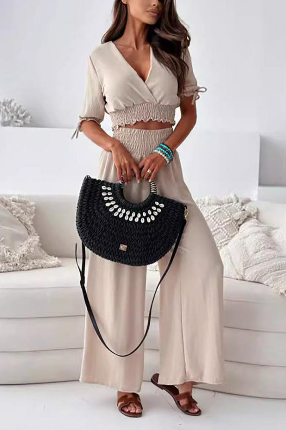 Surplice Short Sleeve V-Nek Top and Pants Set