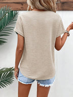 Short Sleeve Textured Solid Color V-Neck Top