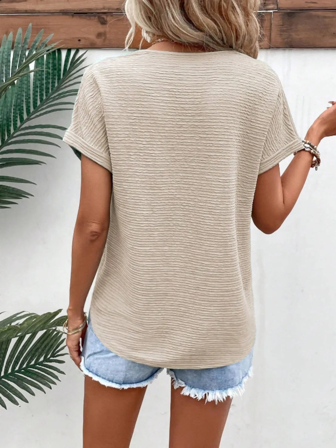 Short Sleeve Textured Solid Color V-Neck Top