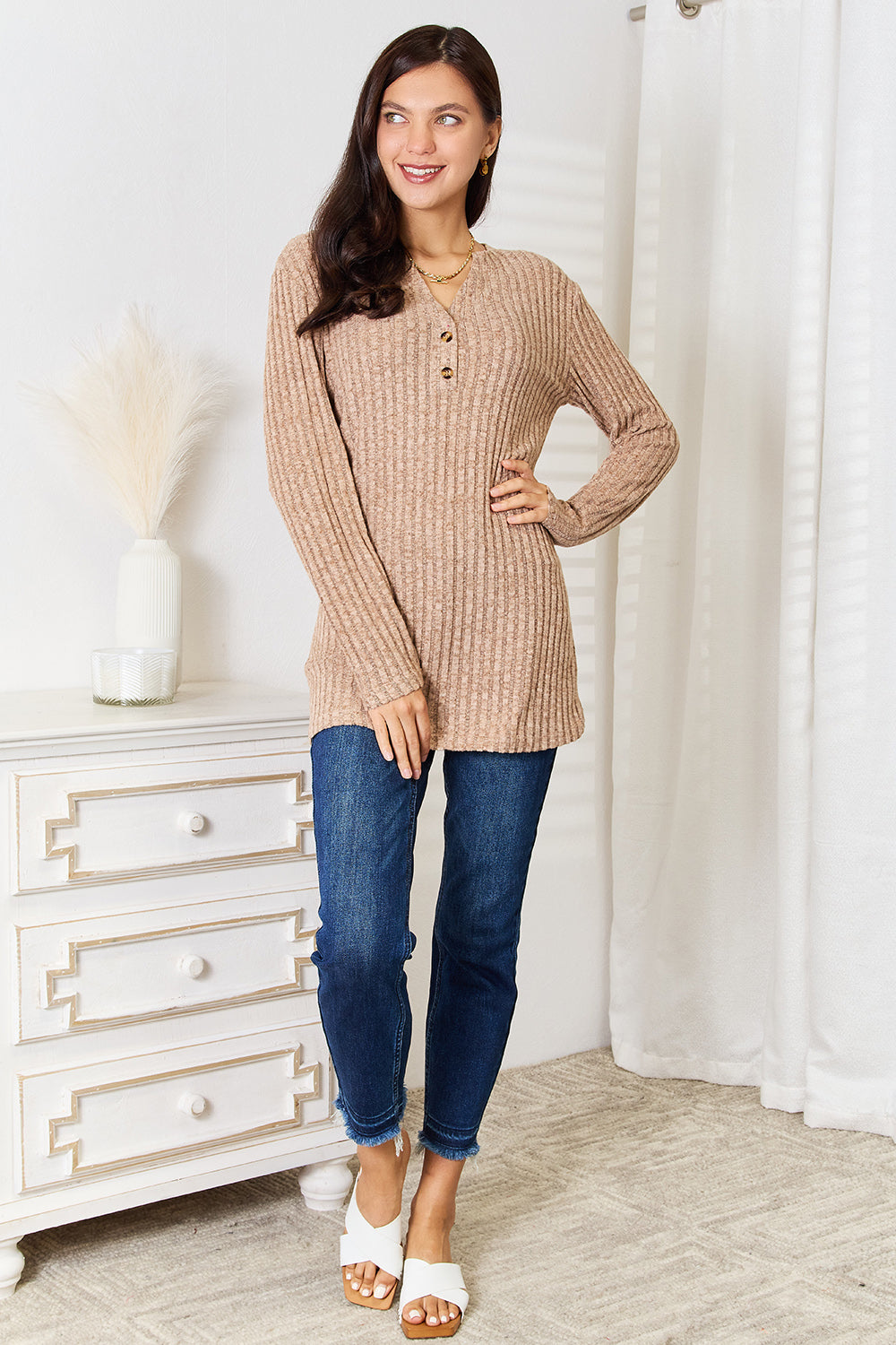 Long Sleeve Notched Neck Ribbed Top