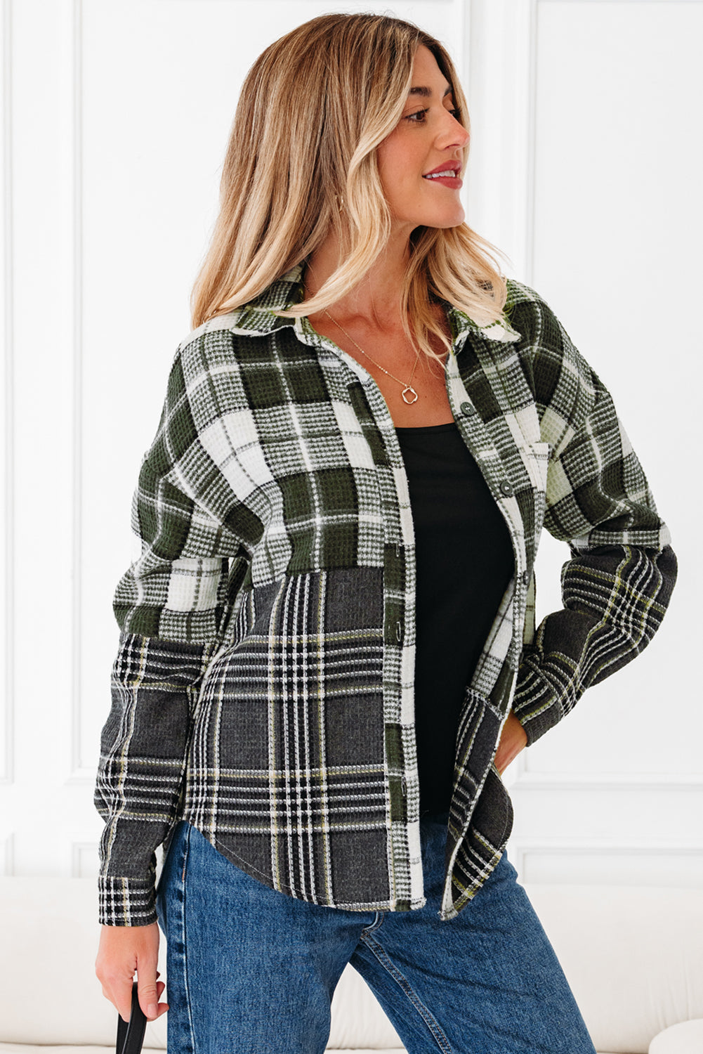 Black Plaid Print Textured Knit Buttoned Shacket
