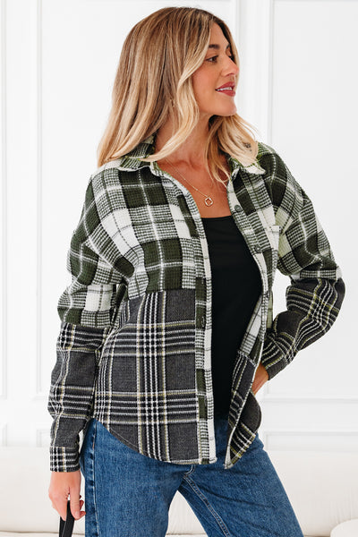 Black Plaid Print Textured Knit Buttoned Shacket