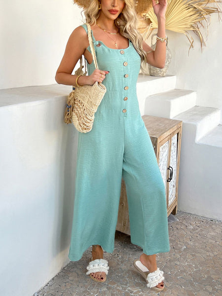 Sleeveless Button Front Knotted Strap Wide Leg Jumpsuit