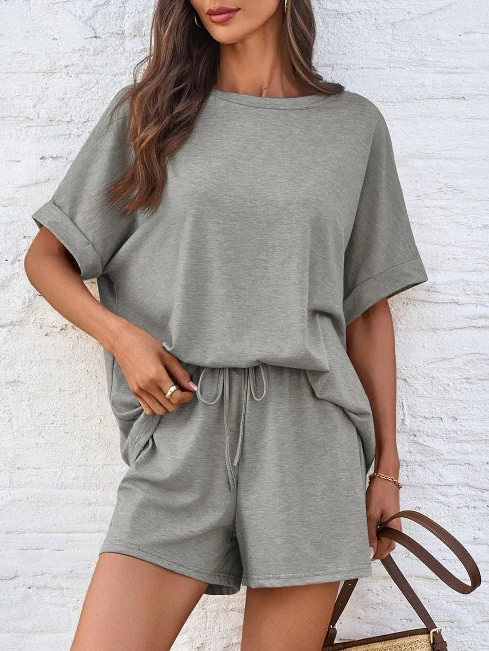 Short Sleeve Round Neck Drawstring Shorts Set