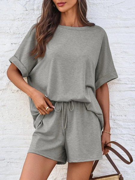 Short Sleeve Round Neck Drawstring Shorts Set