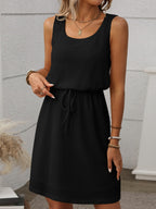 Sleeveless Waffle Knit Drawstring Mini Dress