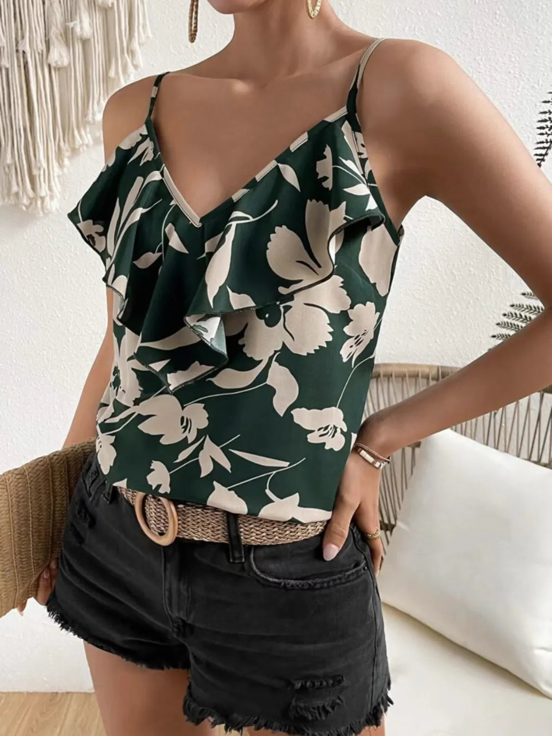 Sleeveless Ruffled Printed V-Neck Cami Top